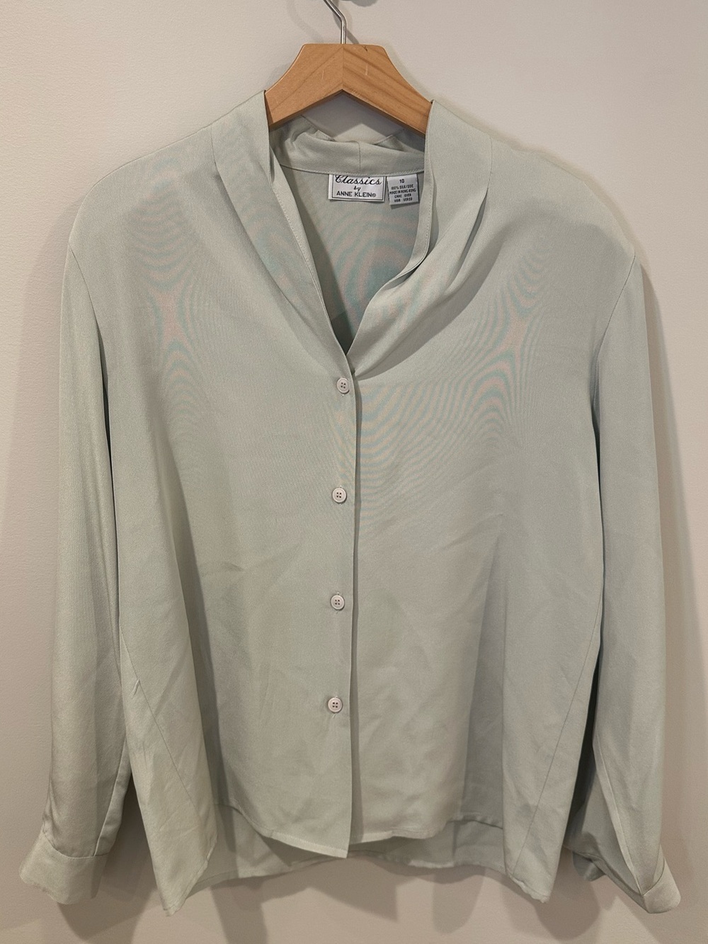 Vintage Anne Klein 100% Silk Seafoam Green Draped Neck Blouse